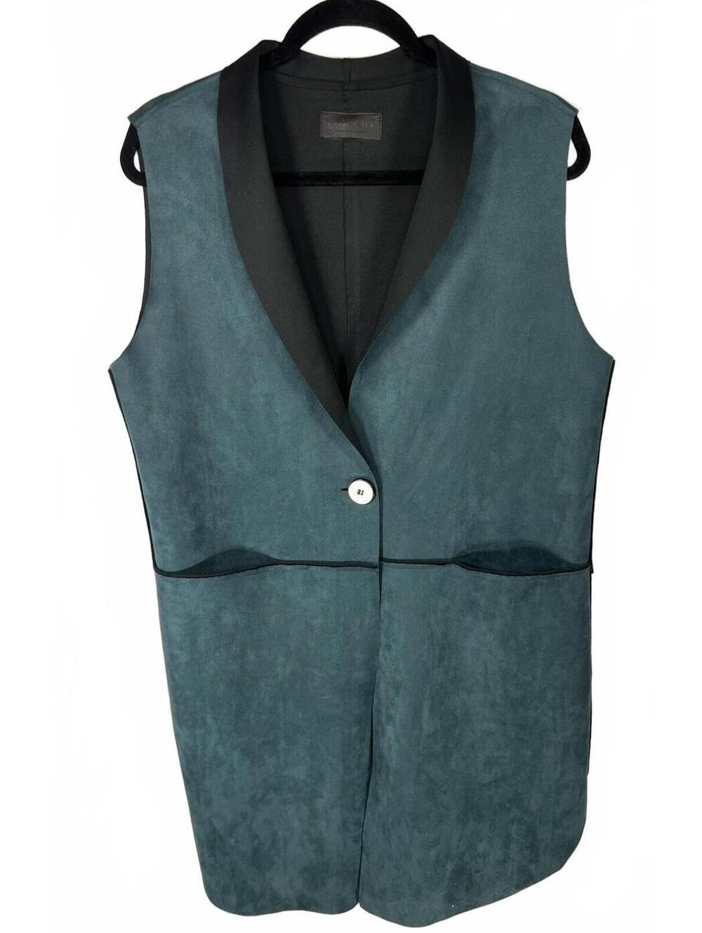 Es Para Mí Faux Suede Longline Teal Tuxedo Vest Steampunk Boho Indie Size S/M